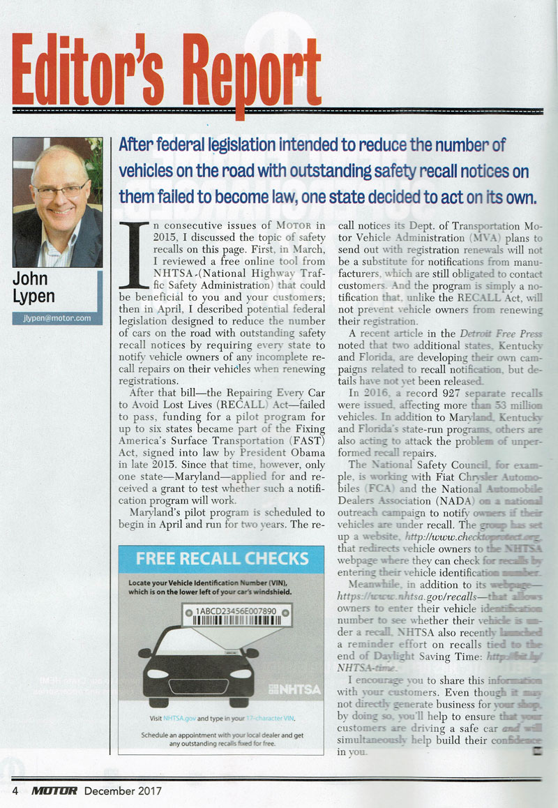 Article on vehicle safety recalls in Motor Magazine